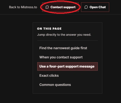 Contact support modal from main nav or Wiki support button.