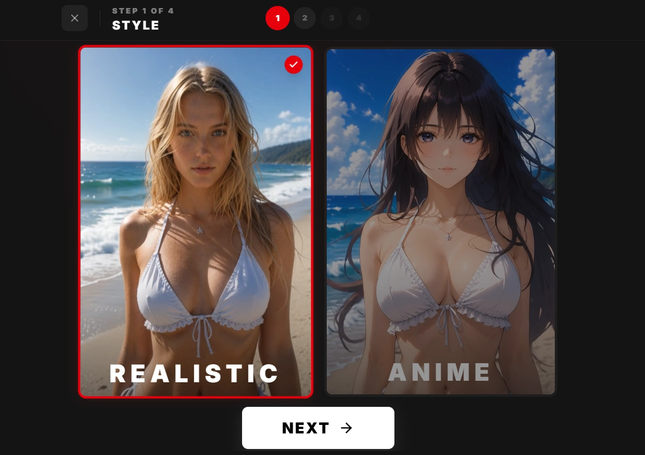 Custom Mistress Builder Style step with realistic and anime choices.