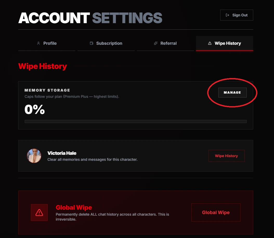 Memory storage card in Settings with Manage and plan capacity.
