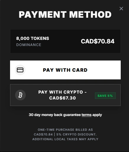 Payment method chooser with card and crypto options.