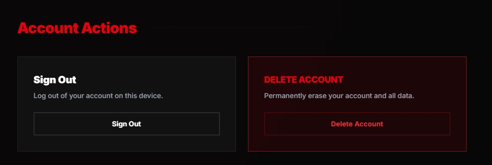 Settings Account Actions with Delete Account visible.