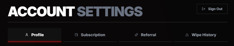 Settings page with account, subscription, and history controls.