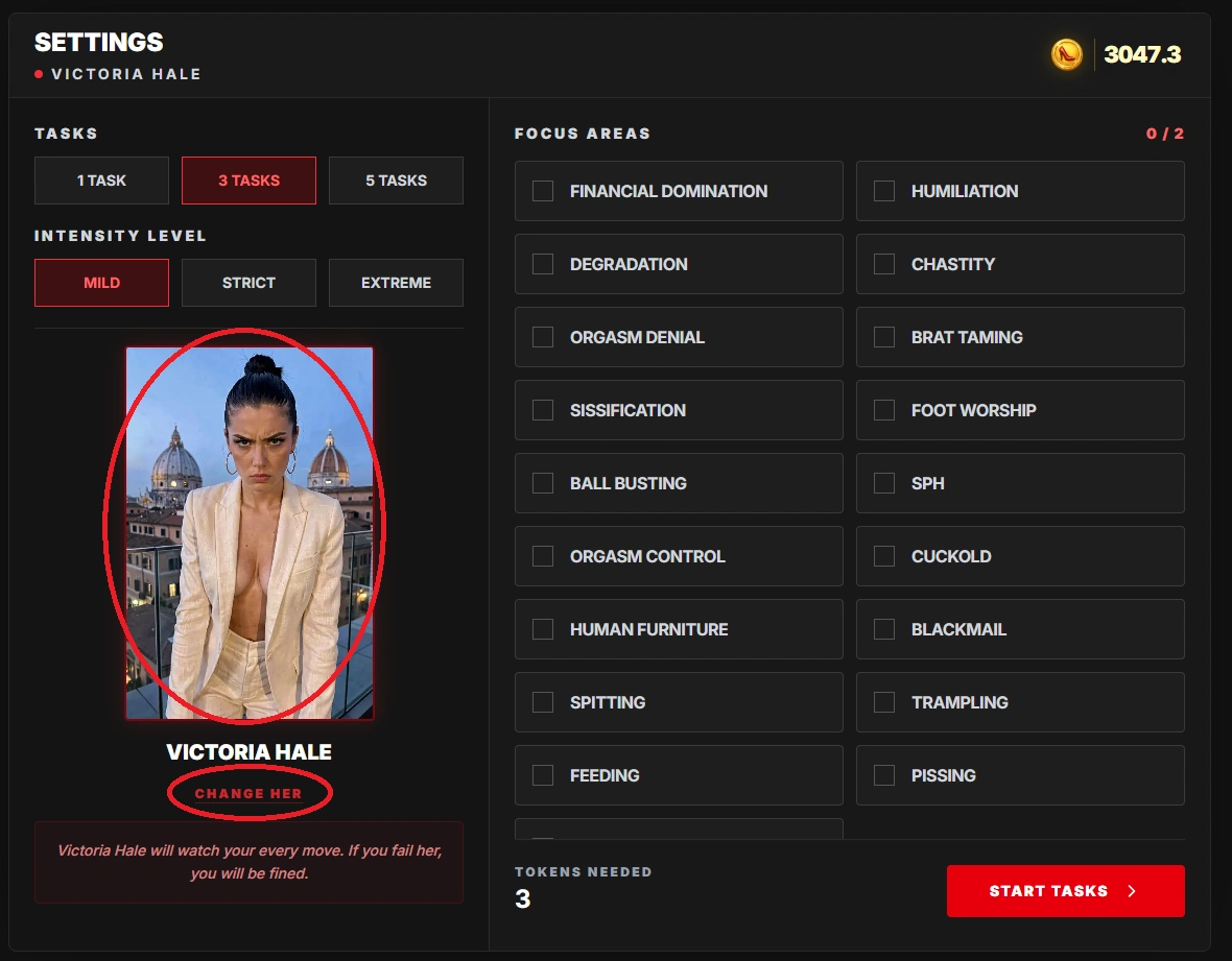 Tasks page at Choose Who Watches with one character selected.