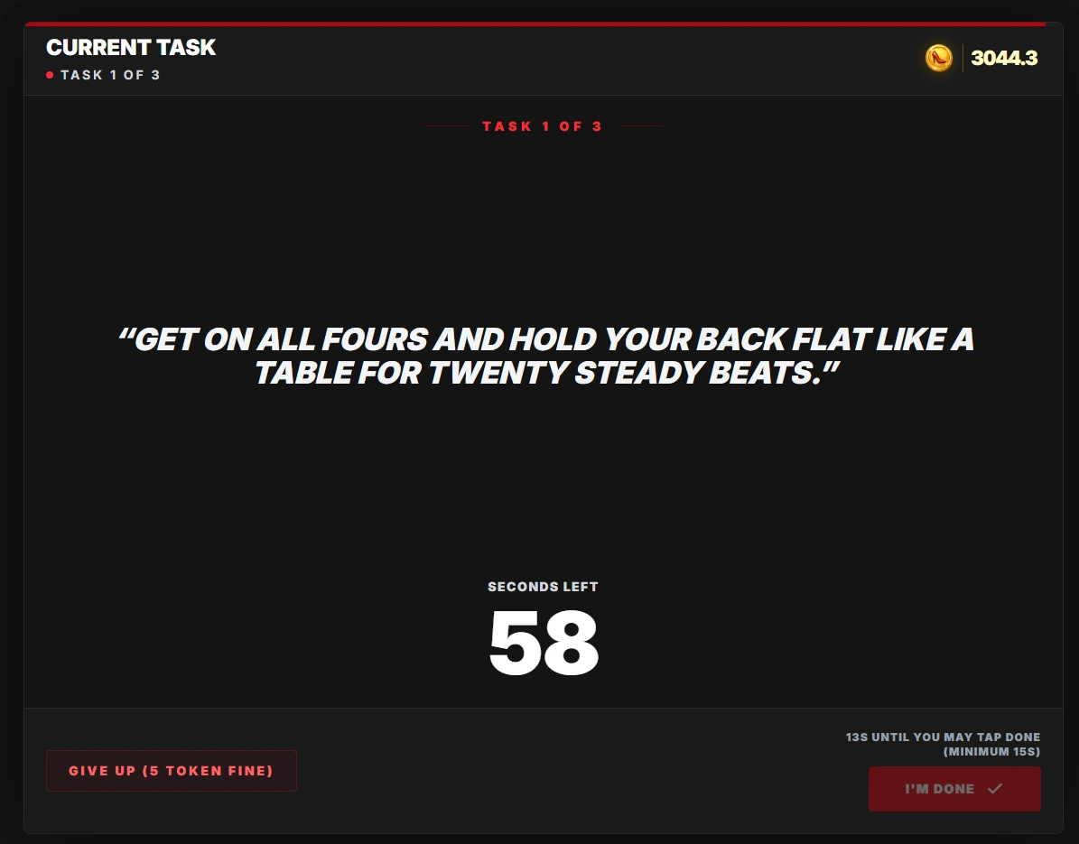 Active task view with timer and next action.
