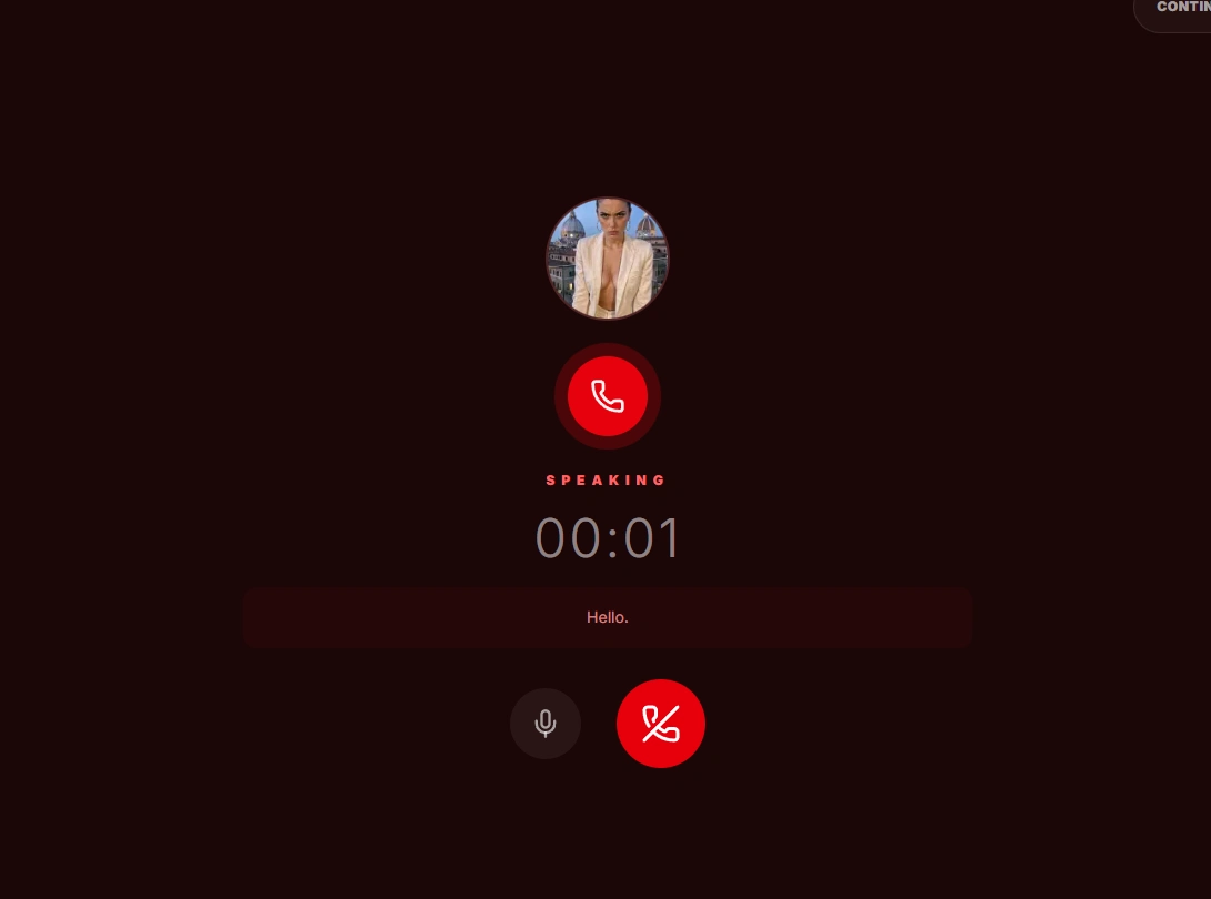 Live voice call UI with mic, duration, and end-call controls.